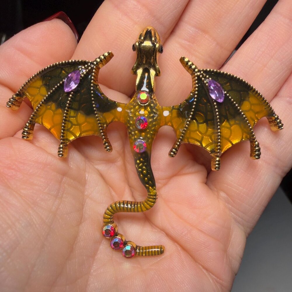 Dragon Brooch Amber Enamel Fantasy Creature Rhinestone Wings 3”